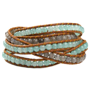 Women's five wrap bracelet with blue quartz and labradorite gemstones on natural leather