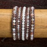 JuneStones five wrap bracelet Transition featuring Moonstone and Botswana Agate gemstones and natural leather