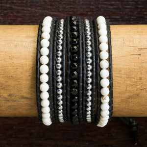 JuneStones five wrap bracelet Stabilize featuring White Buffalo Turquoise, Onyx and Hematite gemstones and natural leather
