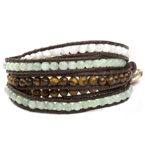 Women's five wrap bracelet with Mother of Pearl, Burmese Jade, and Tiger Eye gemstones on natural leather
