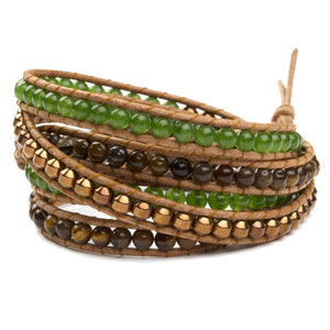 Women's five wrap bracelet with Canadian Jade, Gold Hematite, and Tiger Eye gemstones on natural leather