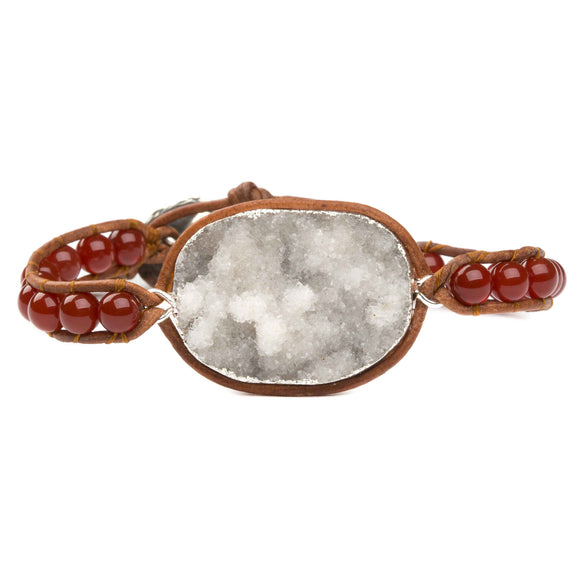 Women's bracelet with agate druzy and carnelian gemstones on natural leather