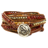 Women's five wrap bracelet with Carnelian, Fire Agate, and Gold Hematite gemstones on natural leather
