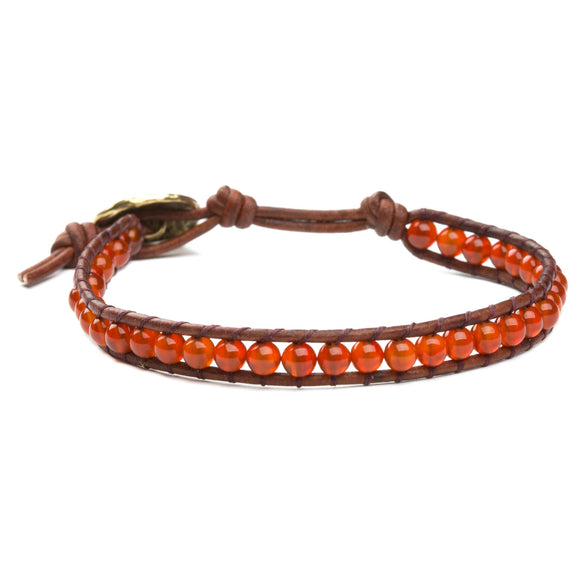 Women's wrap bracelet with carnelian gemstones on natural leather
