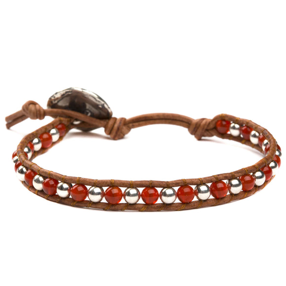 Women's wrap bracelet with carnelian gemstones and sterling silver on natural leather