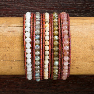 JuneStones five wrap bracelet Transform featuring Quartz, Moonstone, Labradorite and Alabaster gemstones and natural leather