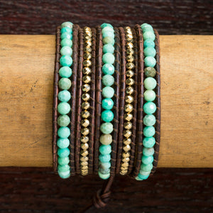 JuneStones five wrap bracelet Insight I featuring Pyrite and Chrysoprase gemstones and natural leather