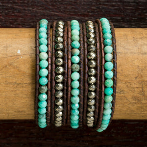 JuneStones five wrap bracelet Insight II featuring Pyrite and Chrysoprase gemstones and natural leather