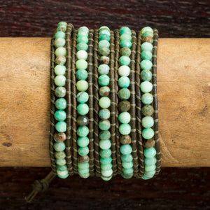 JuneStones five wrap bracelet Overcome featuring Chrysoprase gemstones and natural leather