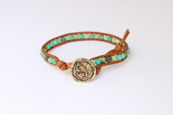 Women's wrap bracelet with green moss opal gemstones on natural leather