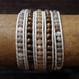 JuneStones five wrap bracelet Empower featuring Tiger Eye, Muscovite and Botswana Agate gemstones and natural leather