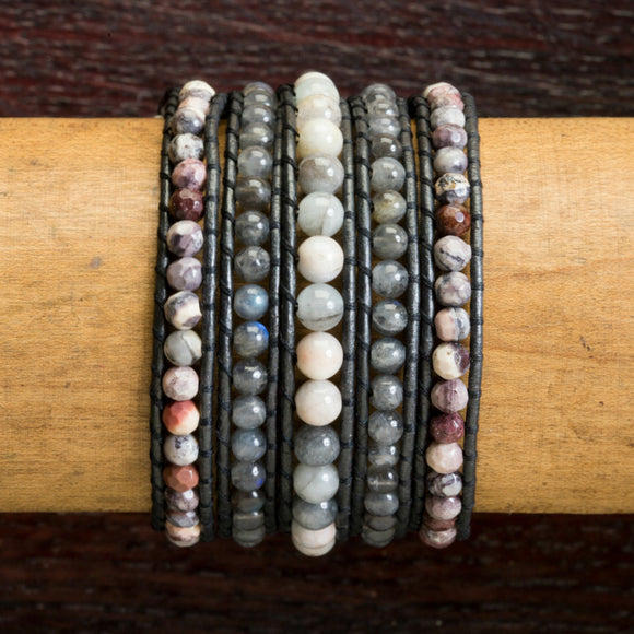 JuneStones five wrap bracelet Soothe featuring Labradorite, Exotica Jasper and Aquamarine gemstones and natural leather