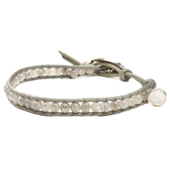 Women's wrap bracelet with labradorite gemstones and a moonstone charm on natural leather