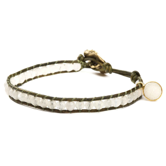 Women's wrap bracelet with moonstone gemstones on natural leather