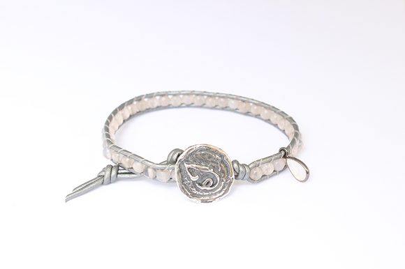 Women's wrap bracelet with Moonstone gemstones on natural leather