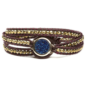 Women's triple wrap bracelet with gold hematite gemstone and agate druzy