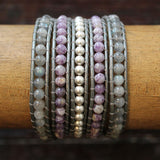 JuneStones five wrap bracelet Goodness featuring Lepidolite and Labradorite gemstones and natural leather