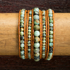 JuneStones five wrap bracelet Evolve featuring Green African Turquoise gemstones and natural leather