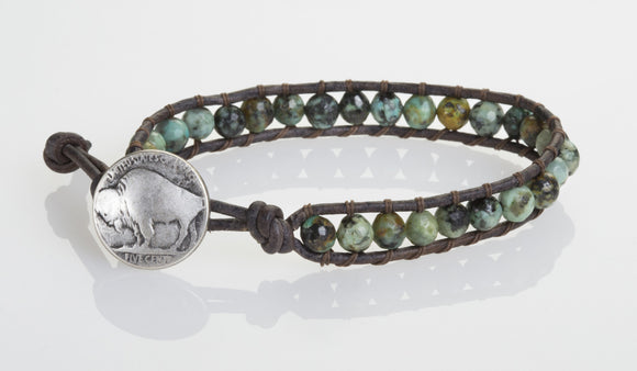JuneStones single wrap bracelet Evolution II featuring Green African Turquoise gemstones and natural leather