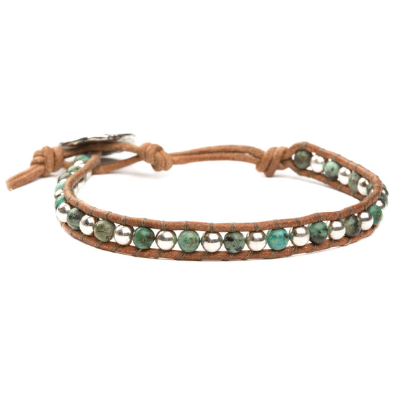Women's wrap bracelet with green african turquoise gemstones and sterling silver on natural leather