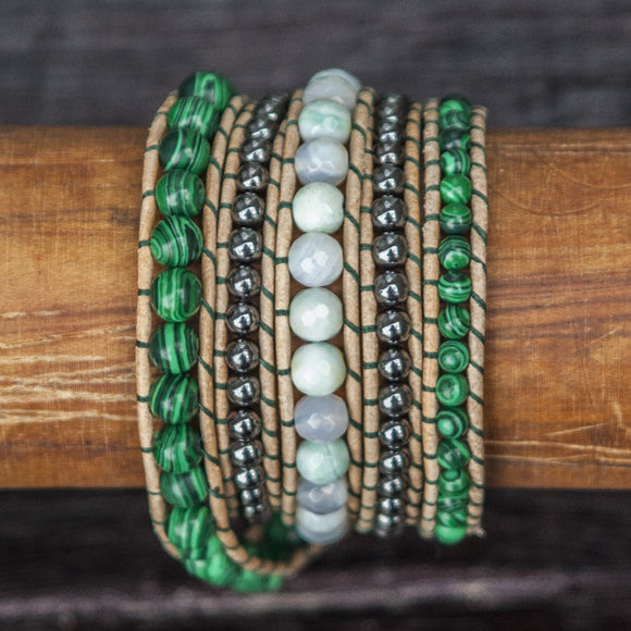 JuneStones five wrap bracelet Devotion featuring Malachite, Hematite and Green Moss Opal gemstones and natural leather