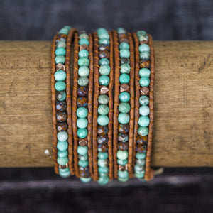 JuneStones five wrap bracelet Desire featuring Green Moss Opal gemstones and natural leather