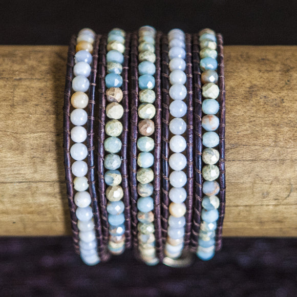 JuneStones five wrap bracelet Faithful featuring Peruvian Opal and Impression Jasper gemstones and natural leather