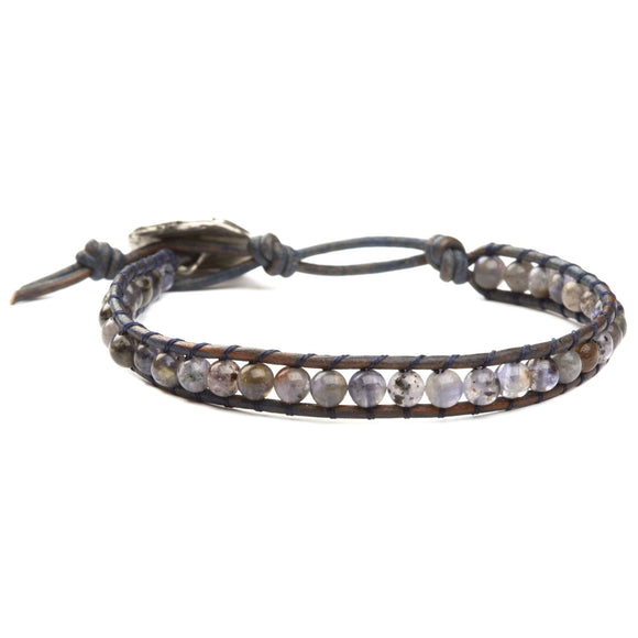 Women's wrap bracelet with iolite gemstones on natural leather