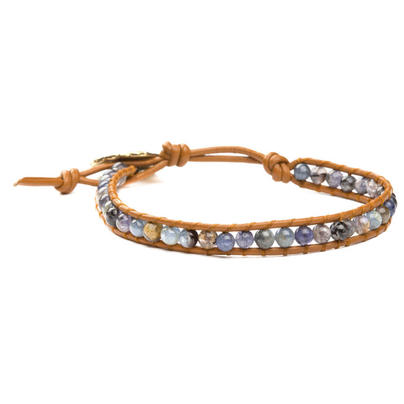 Women's wrap bracelet with iolite gemstones on natural leather