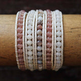 JuneStones five wrap bracelet Kindness featuring Moonstone, Botswana Agate and Cherry Quartz gemstones and natural leather