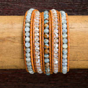 JuneStones five wrap bracelet Communicate featuring Kyanite and Impression Jasper gemstones and natural leather