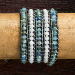 JuneStones five wrap bracelet Attune featuring Moonstone and Kyanite gemstones and natural leather