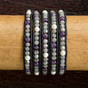 JuneStones five wrap bracelet Purity featuring Pearl, Labradorite and Amethyst gemstones and natural leather