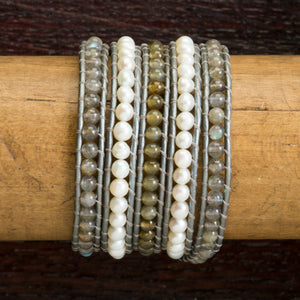 JuneStones five wrap bracelet Focus featuring Lepidolite and Pearl gemstones and natural leather