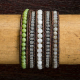 JuneStones five wrap bracelet Fertility featuring Moonstone, Labradorite, Jade and Hematite gemstones and natural leather