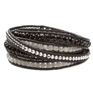 Women's five wrap bracelet with Onyx, Hematite, and Labradorite gemstones on natural leather