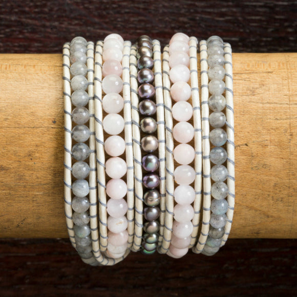 JuneStones five wrap bracelet Gentleness featuring Peruvian Opal, Pearl and Labrodorite gemstones and natural leather