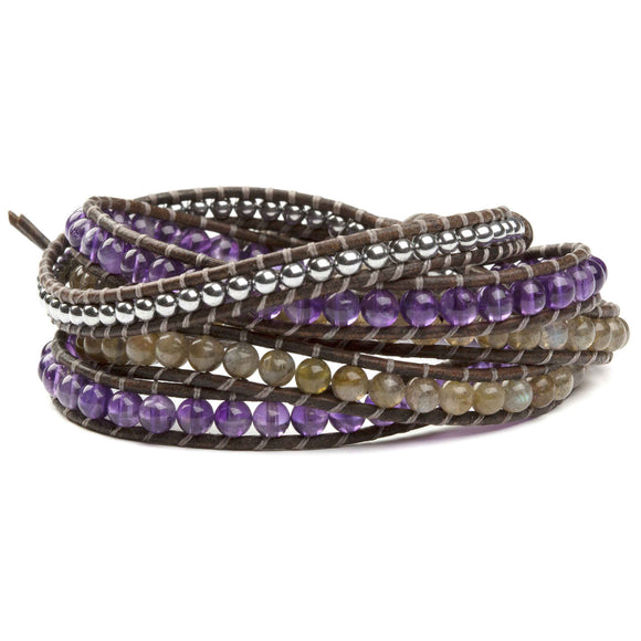 Women's five wrap bracelet with Amethyst, Labradorite, and Hematite gemstones on natural leather