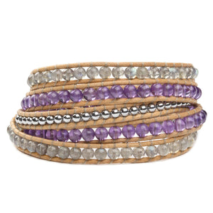 Women's five wrap bracelet with Labradorite, Hematite, and Amethyst gemstones on natural leather