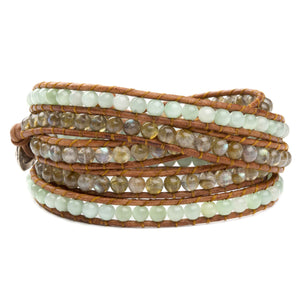 Women's five wrap bracelet with labradorite, and Burmese Jade gemstones on natural leather