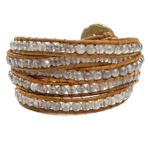 Women's five wrap bracelet with Labradorite gemstones on natural leather