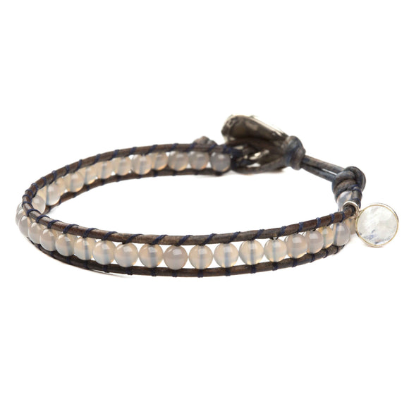 Women's wrap bracelet with labradorite and moonstone gemstones on natural leather