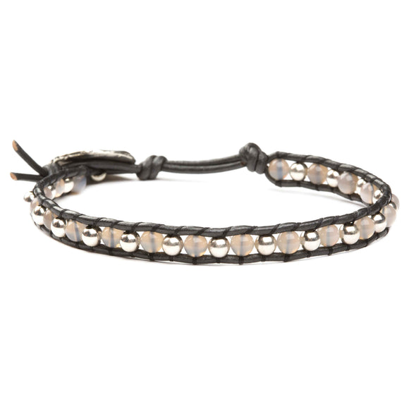 Women's wrap bracelet with labradorite gemstones and sterling silver on natural leather