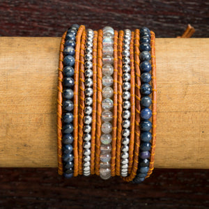 JuneStones five wrap bracelet Harmony featuring Lapiz Lazuli, Labrardorite and Hematite gemstones and natural leather