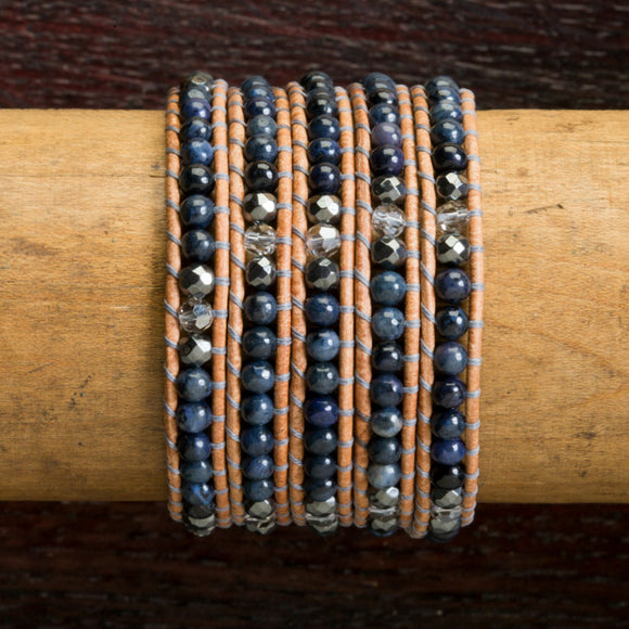 JuneStones five wrap bracelet Honesty featuring Lapiz Lazuli gemstones and natural leather