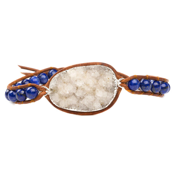 Women's bracelet with agate druzy and lapis lazuli gemstones on natural leather