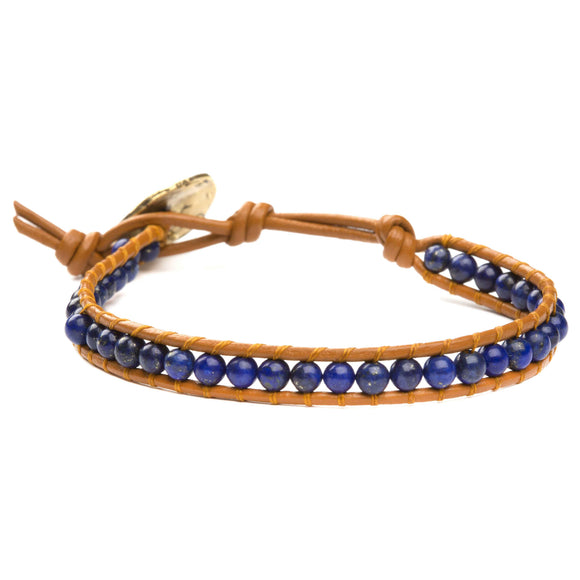 Women's wrap bracelet with lapis lazuli gemstones on natural leather