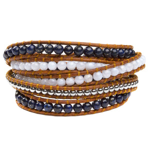 Women's five wrap bracelet with Lapis Lazuli and Quartz gemstones on natural leather