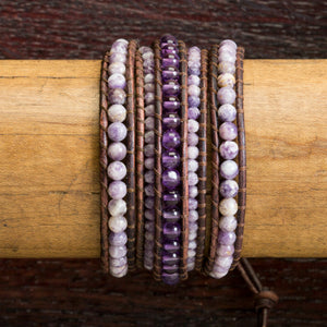 JuneStones five wrap bracelet Sacred featuring Lepidolite and Amethyst gemstones and natural leather