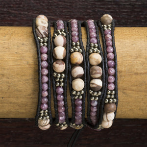 JuneStones five wrap bracelet Clear featuring Lepidolite, Jasper, and Hematite gemstones and natural leather